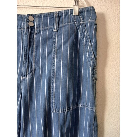 Seven7 Womens Pants 14 Pinstriped Wide Leg Cropped Chambray Patch Pocket Beachy - Picture 5 of 16